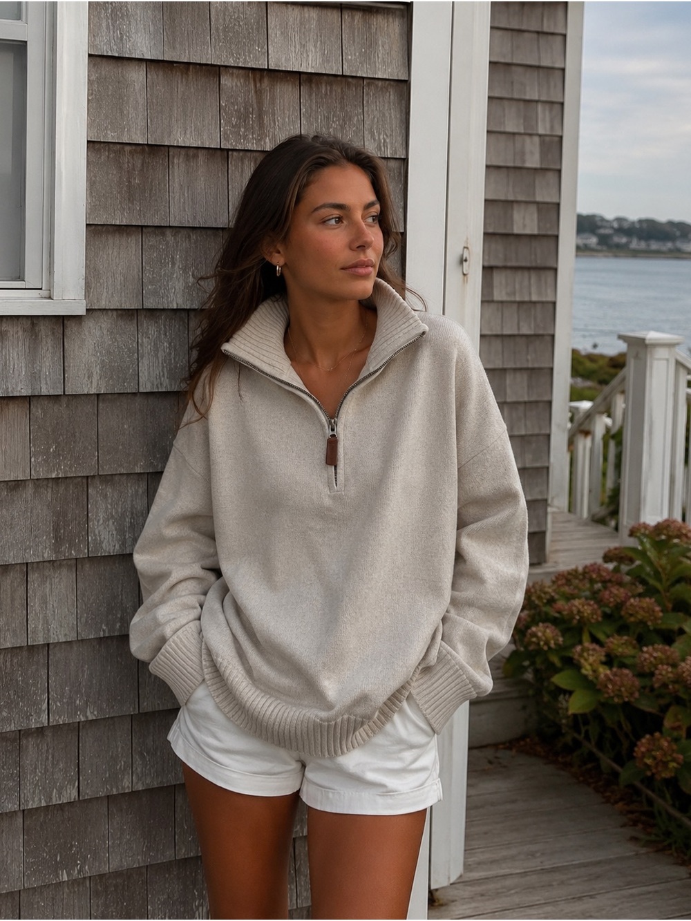 St John’s Bay Oversized Cotton Quarter Zip Sweater Women’s XL Cream Minimalist - Picture 1 of 7